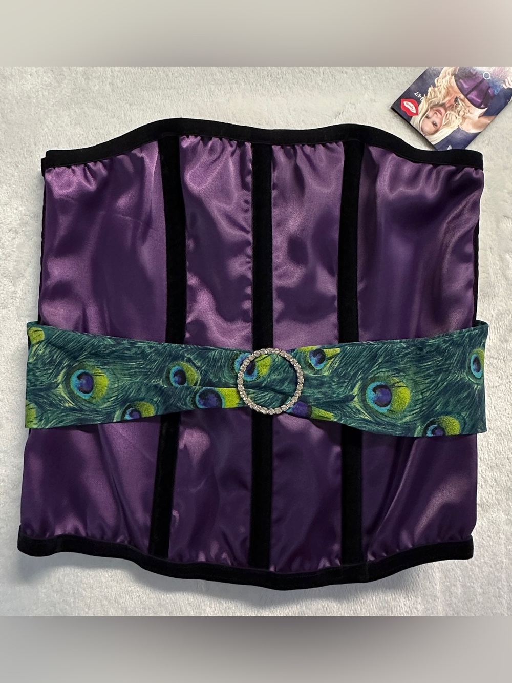 COQUETTE women's purple satin corset with peacock belt, M.
